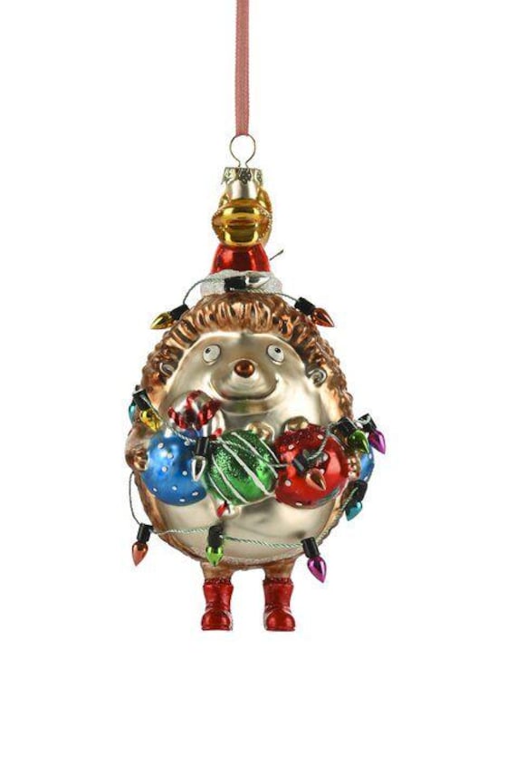 Figurine de sapin de Noël en verre représentant un hérisson