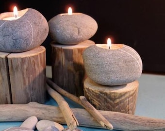 Teelichtstein aus Stein und Holz groß Lagerfeuer