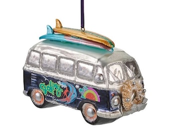 Bus with surfboard Christmas tree figure made of glass