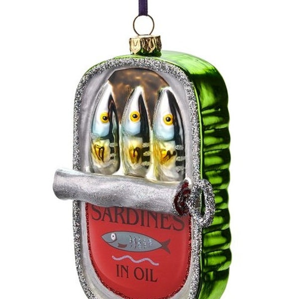 Sardine tin Christmas tree figure made of glass