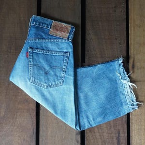 90's Distress Levi Strauss 501 Cut Off Jeans W29 Vintage Levis 509-0214 Faded Blue Stone Wash Custom Crop Denim Button Fly Made In Japan