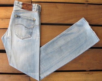 90's Distress Lee Bell Bottom Leg Jeans W32 Vintage Lee Faded Blue Women Hippie Flare/Bootcut Denim Made In Japan