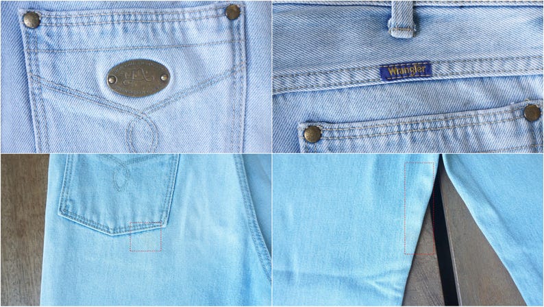 May include: Close-up of light blue denim jeans. Details include a back pocket with a small logo, a front pocket with a metal emblem, and the "Wrangler" label. The jeans have metal rivets and a classic design.