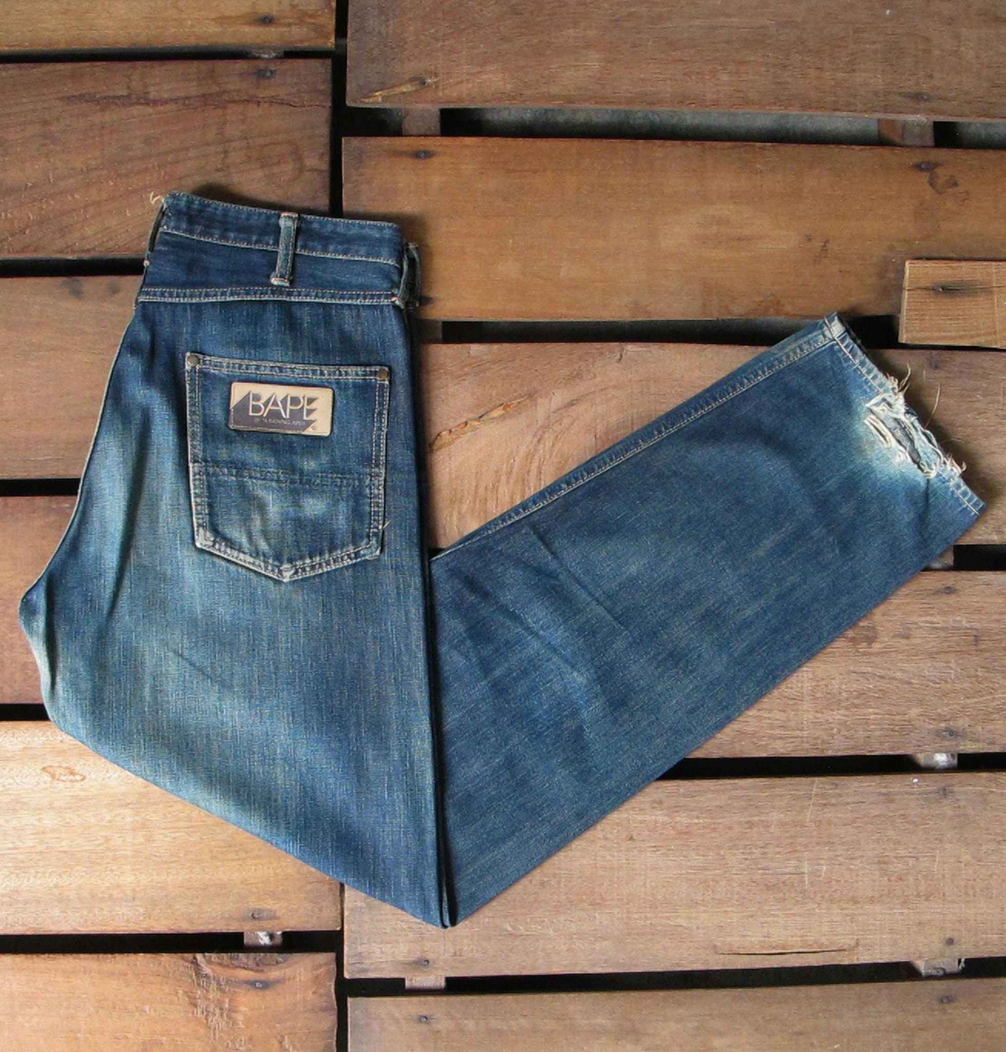 A BATHING APE STA PATCH WORK LOOSE FIT DENIM PANTS