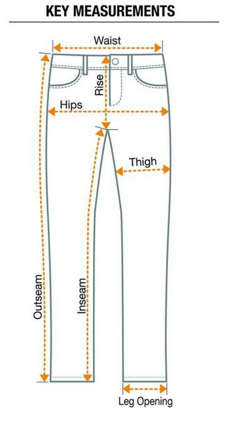 May include: Diagram illustrating key measurements for jeans, including waist, hips, rise, thigh, inseam, outseam, and leg opening. Dotted lines and arrows point to the areas being measured. The text "KEY MEASUREMENTS" is at the top.