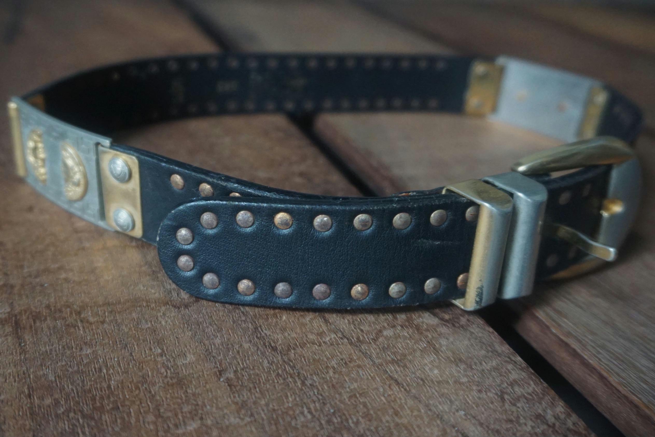 Versace Black and Silver Studded Leather Belt Vintage Gold & Silver Lion Head Medallion Versace Inspired  main image 2