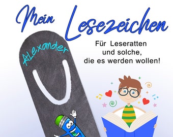 Lesezeichen (blau) Einschulung (11) personalisiert mit Wunschnamen für Schulkind für Buch für Reisende aus Aluminium