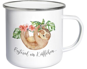 Emailletasse 450 ml mit Spruch  Erstmal ein Käffchen... Wunschname  Kaffeebecher Vintage look, Geschenk Camping Fan, Yoga-Tasse, Yoga-Becher