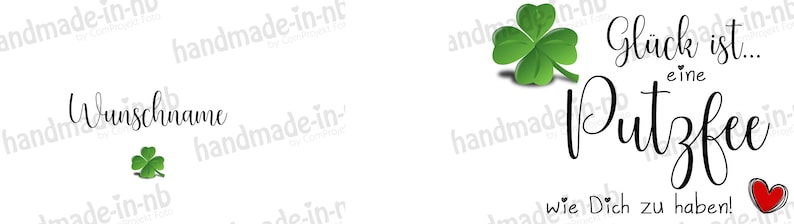 May include: A white card with green four-leaf clovers and the text "Gl&uuml;ck ist... eine Putzfee wie Dich zu haben!" in black cursive writing. A red heart is in the bottom right corner.