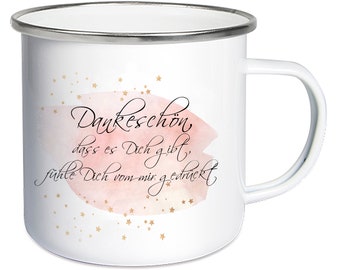 Emailletasse 450 ml Dankeschön das es dich gibt Kaffeetasse im Vintage look, Geschenk Freundin, Kollegin, Dankeschön Nachbarin