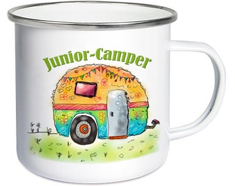 Emaille Becher klein mit Spruch "Junior Camper", Emailletasse 300ml, Kindertasse Camping, Zelten, Camping-Fan, Geschenk Enkel Sohn