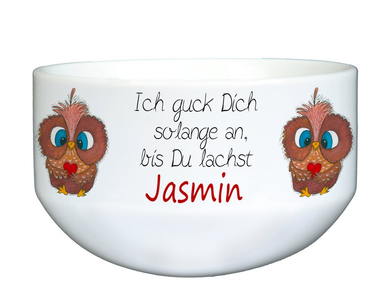 Müslischale Eule 01 mit Spruch Keramikschüssel, Eulenliebhaber, Eulenfan, Müslischüssel personalisiert mit Spruch Schale für cornflakes Bild 3