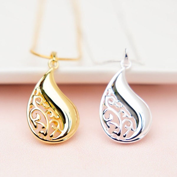 Perfect Memorials Custom Engraved Filigree Tear Cremation Jewelry in Sterling Silver or Gold Vermeil - Necklace for Ashes
