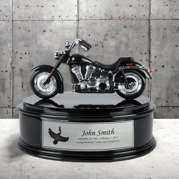 Perfect Memorials Personalized Memorial, Motorcycle Urn for Ashes, Custom Engraved Black & Chrome, Unique Decorative, Cremation Ash Keepsake