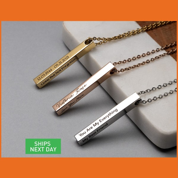 Perfect Memorials Custom Engraved Vertical Bar Cremation Jewelry, 3 Color Options, Silver, Gold & Rose Gold Necklace, Necklace for Ashes