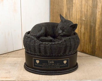 Perfect Memorials Custom Engraved Black Cat in Basket Cremation Urn