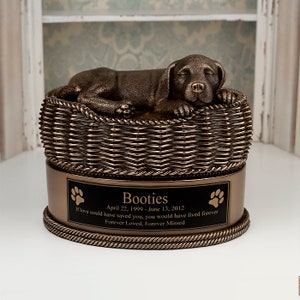 CUSTOM DOG URN - Perfect Memorials Custom Engraved Large Bronze Dog in Basket Cremation Urn - Dog Memorial - Suitable for Most Dog Sizes