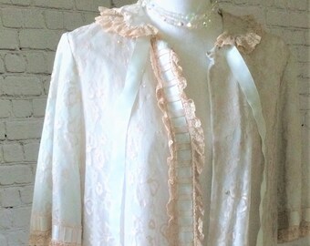 Vintage Light Blue Robe with Light Brown Lace Covering by Odette Barsa Size Small - Medium