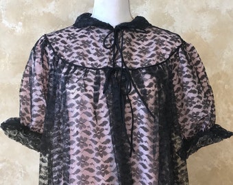 Vintage 1950s Pink Lace Robe: Puffy Sleeve House Coat, Size 36