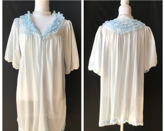 AS IS Vintage 1950s / 1960s Sheer Blue Nylon Babydoll Nightgown Cover-Up / Robe