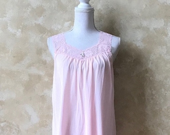 Vintage Pink Sleeveless Nightgown with Lace Trim Size L