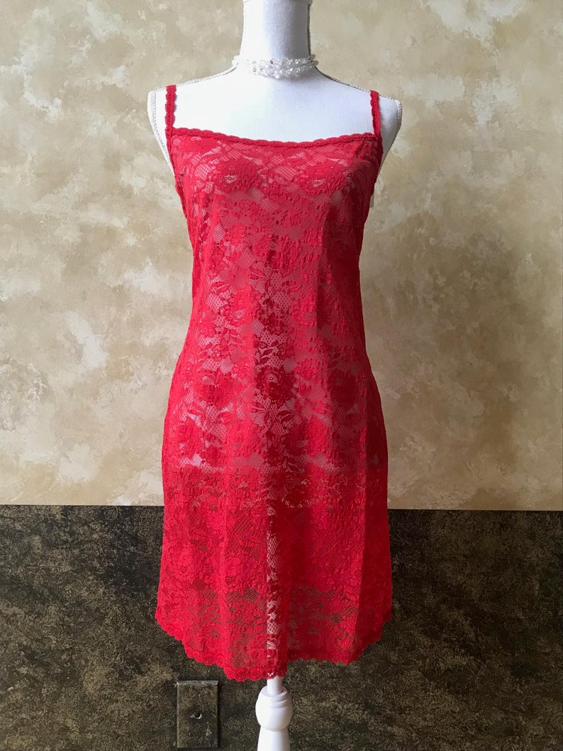 Beautiful Vintage Long Red Lace Tank TopLingerie Size MediumLarge