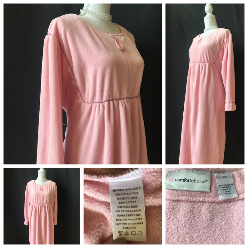 May include: A pink velour nightgown with long sleeves and a gathered waist. The gown has a small loop at the neckline and a tag that reads "comfortchoice".