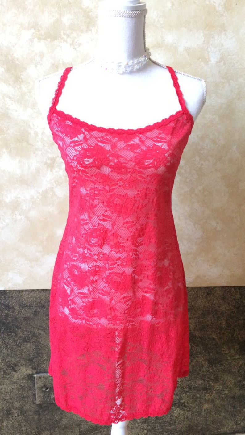 Beautiful Vintage Long Red Lace Tank TopLingerie Size MediumLarge