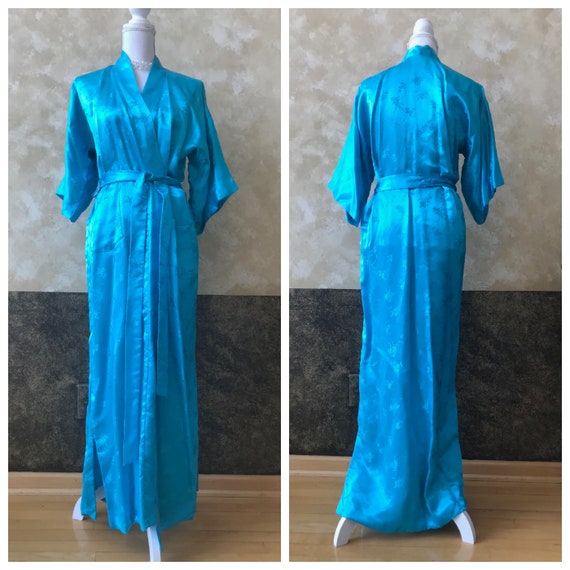 Vintage Long Chinese Brocade Turquoise / Aqua Robe