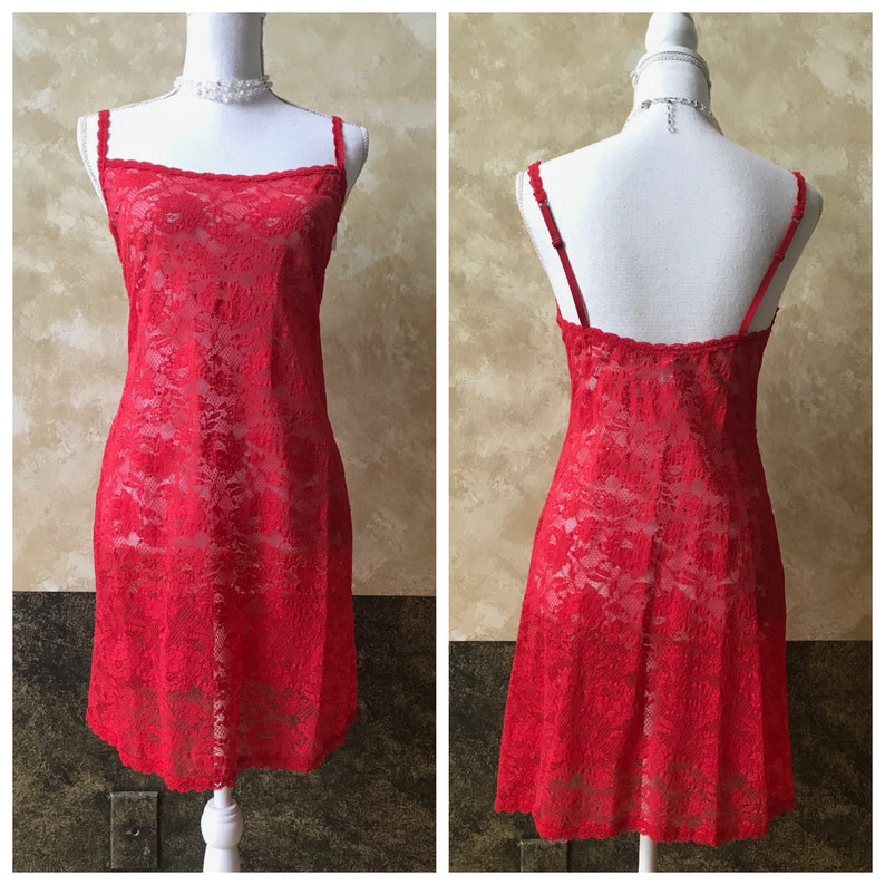 Beautiful Vintage Long Red Lace Tank TopLingerie Size MediumLarge