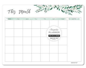 MONTHLY PLANNER  Whiteboard Magnetic Fridge Planner Perpetual Calendar Large Organiser Visual Schedule Wall Planner WATERCOLOUR Leaves