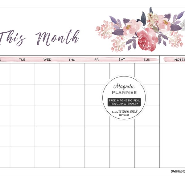 PLANIFICATEUR MENSUEL Pivoines Calendrier magnétique pour réfrigérateur Comprend un stylo et une gomme GRATUITS