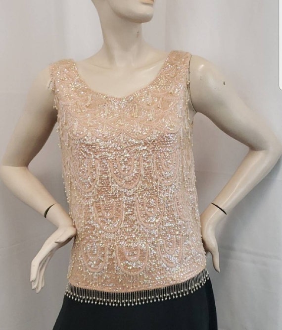 Rare 1950s Pink Sequin and Pearls Wool top