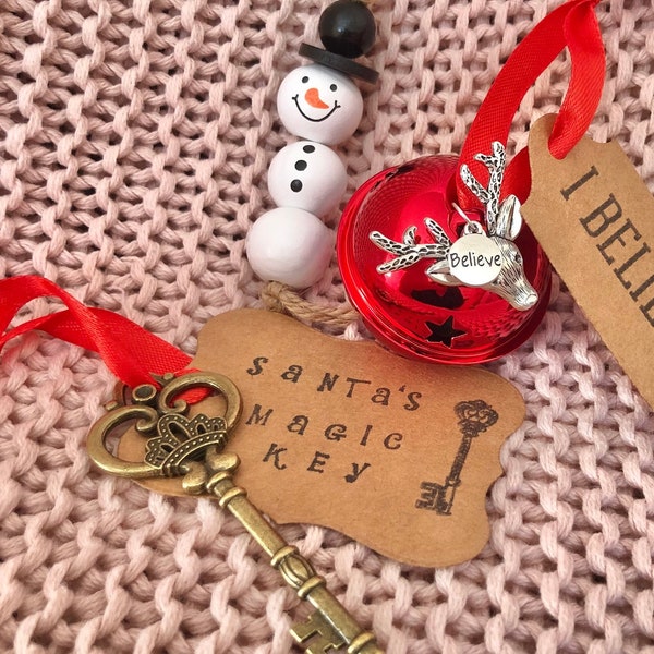 Believe bell, santa magic key bundle for Xmas eve box-stocking filler, snowman ornament, Santa’s magic key, I believe bell.