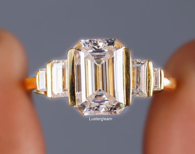 3.5 CT Emerald Cut Moissanite Diamond Wedding Ring Emerald Diamond Five Stone Engagement Ring 14K Yellow Gold Ring Promise Ring For Her