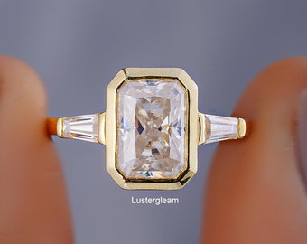 Three Stone 3 CT Radiant Cut Bezel Set Moissanite Engagement Ring 14K Gold Wedding Ring Anniversary Ring For Her Radiant Diamond Ring