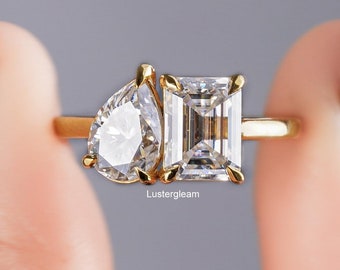 Toi Et Moi Pear and Emerald Cut Moissanite Diamond Ring Two Stone Engagement Ring 14K Yellow Gold Wedding Ring Anniversary Ring For Her
