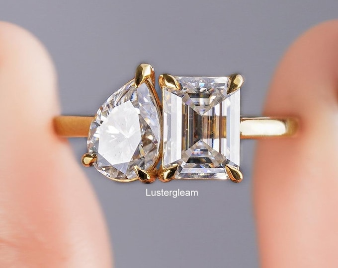 Toi Et Moi Pear and Emerald Cut Moissanite Diamond Ring Two Stone Engagement Ring 14K Yellow Gold Wedding Ring Anniversary Ring For Her