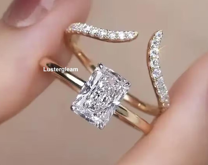 3 CT Radiant Cut Moissanite Ring Set Radiant Diamond Engagement Ring Set 14K Yellow Gold Ring Set Anniversary Ring For Women Promise Ring