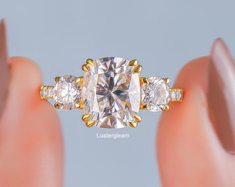 Three Stone 3.5 CT Elongated Cushion Cut Moissanite Diamond Ring Cushion Diamond Engagement Ring Wedding Ring Trilogy Ring Anniversary Ring