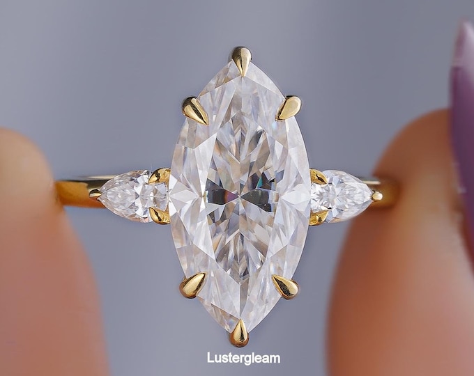 Three Stone Marquise Cut Engagement Ring 4 CT Marquise Moissanite Ring Hidden Halo Ring 14K Gold Wedding Ring Trilogy Ring Unique Ring