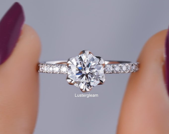 1.5 CT Round Cut Moissanite Engagement Ring Unique Tulip Set 14K Gold Wedding Ring 6 Prongs Ring Anniversary Ring For Women Diamond Ring