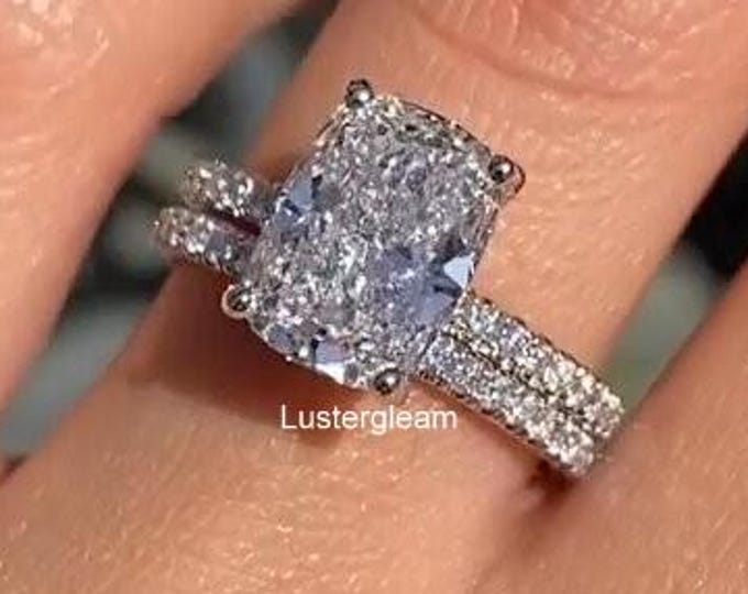 4 CT Elongated Cushion Cut Moissanite Diamond Ring Set Cushion Diamond Bridal Ring Sets Engagement Rings 14K Gold Ring Set Wedding Sets