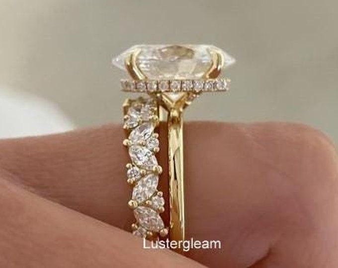3 CT Oval Cut Moissanite Engagement Ring Set Oval Bridal Ring Set 14K Gold Wedding Ring Set Oval Diamond Anniversary Ring Set For Women