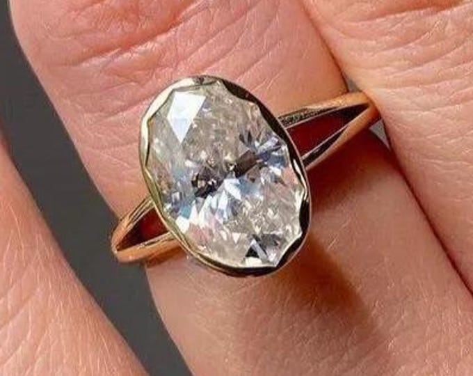 Bezel Set 3 CT Oval Cut Moissanite Diamond Ring Oval Diamond Split Shank Engagement Ring 14K Gold Wedding Ring For Women Anniversary Ring