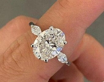 Three Stone 2 CT Oval Cut Moissanite Diamond Ring Oval Cut Engagement Ring 14K Gold Wedding Ring For Women Trilogy Ring Proposal Ring
