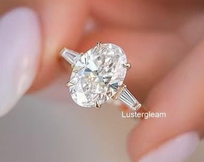 Three Stone 3 CT Oval Cut Moissanite Diamond Ring Oval Diamond Trilogy Engagement Ring 14K Gold Wedding Ring Anniversary Ring For Women