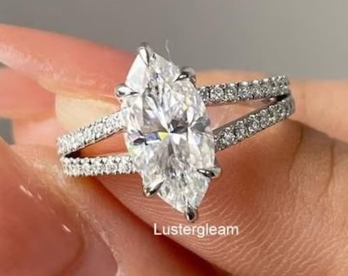 2.5 CT Marquise Cut Moissanite Diamond Ring Marquise Diamond Split Shank Engagement Ring 14K Gold Unique Wedding Ring For Her Proposal Ring