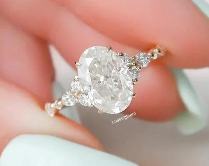 2.5 CT Oval Cut Moissanite Diamond Cluster Ring Oval Cut Engagement Ring Side Stone Ring 14K Gold Ring Unique Anniversary Gift For Her