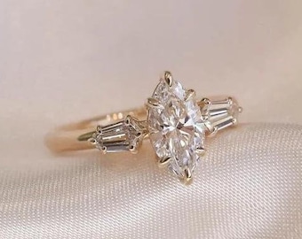Three Stone Marquise Cut Engagement Ring 1.5 CT Marquise Moissanite Ring 14K Gold Wedding Ring Unique Trilogy Ring Past Present Future